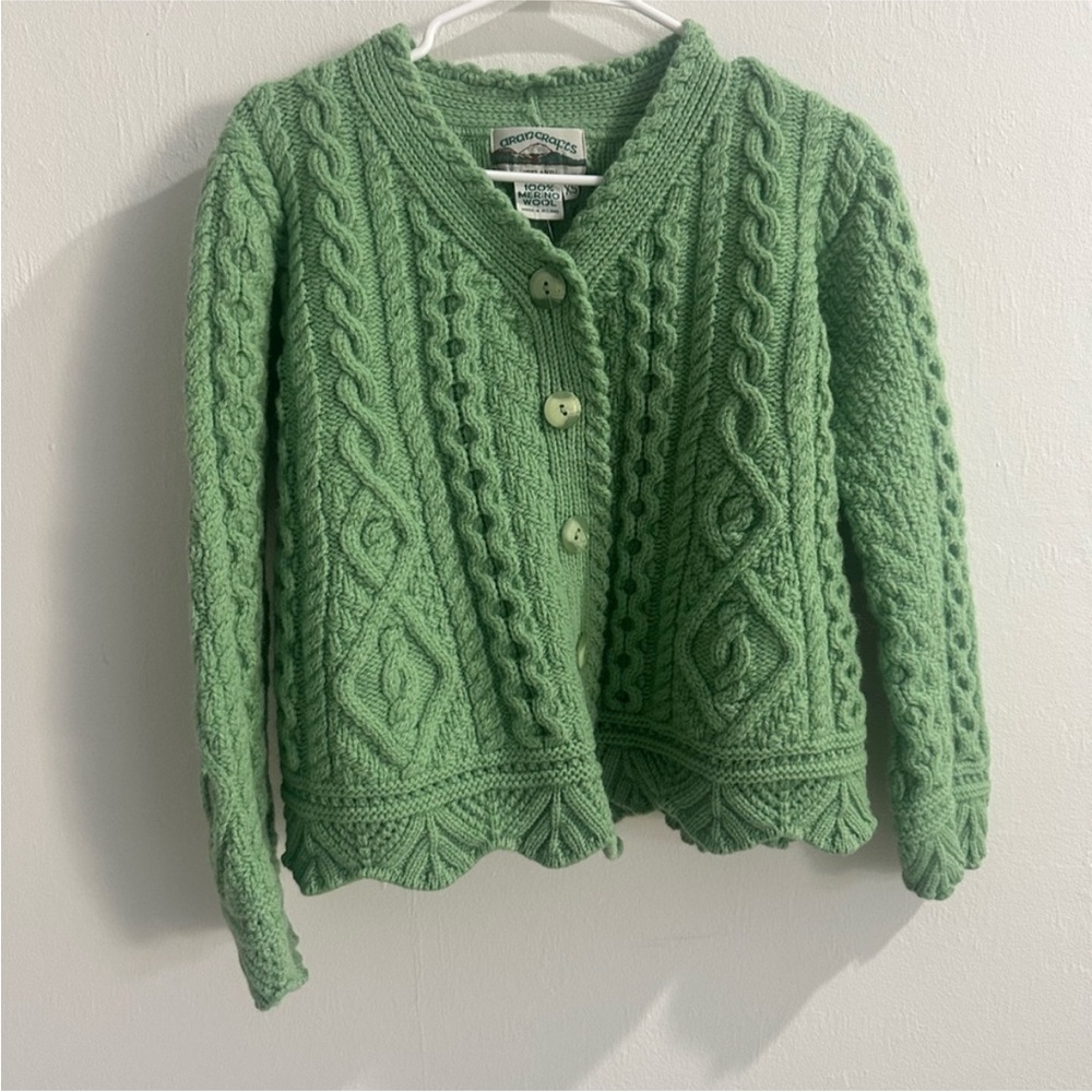 Green Cable Knit Sweater- Ireland Made By Aran Crafts
